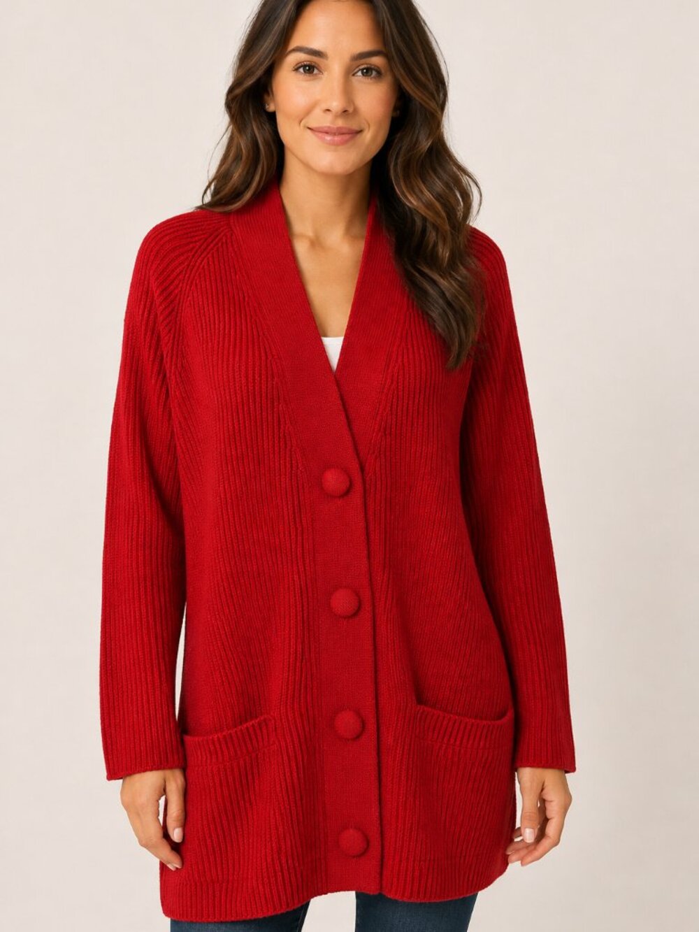 Yarnworks Vintage Red Ribbed Cardigan Sweater Large Covered Buttons Pockets